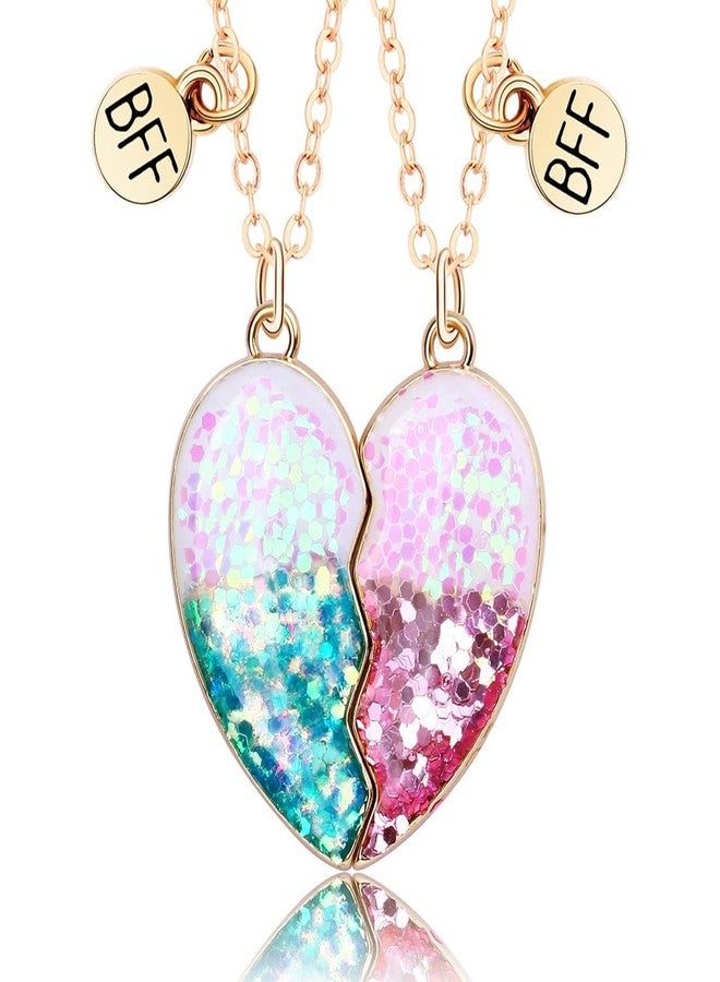 DOYYCA Best Friend Necklace Gifts Friendship Necklace Matching Heart BFF Necklaces for 2 (Sequin Pink Blue) - Image 1